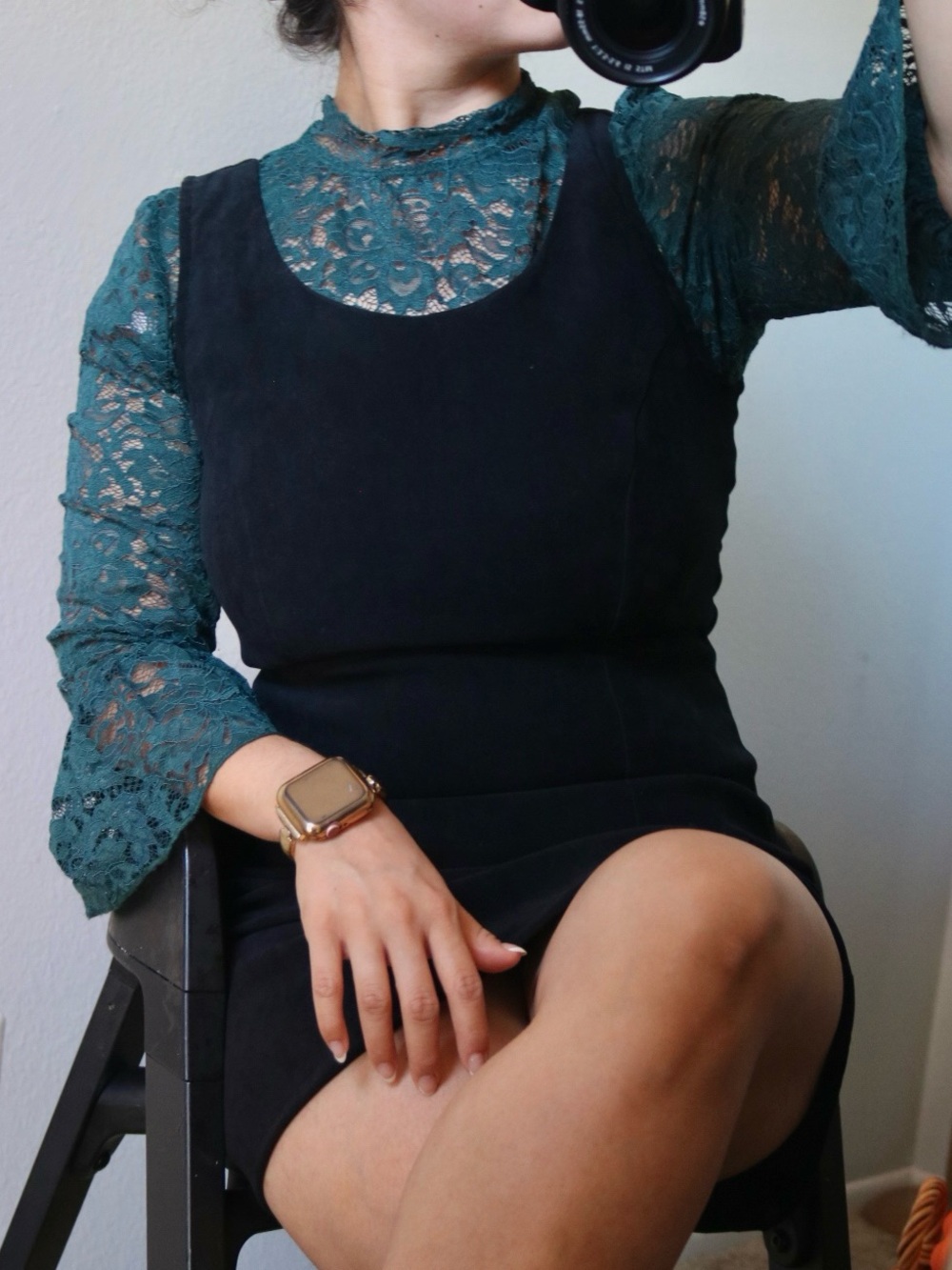Teal Sheer Coquette Mock Neck Blouse